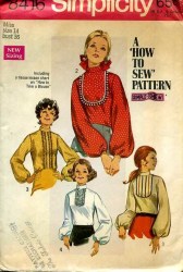 8416 SIMPLICITY 1969 BACK ZIPPER LONG SLEEVE COLLAR BLOUSE PATTERN 10